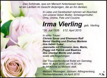 Traueranzeige von Irma Vierling von Südthüringer Presse