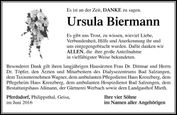 Traueranzeige von Ursula Biermann von Südthüringer Presse