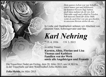 Traueranzeige von Karl Nehring von Südthüringer Presse