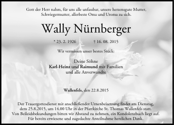 Traueranzeige von Wally Nürnberger von Neue Presse Coburg
