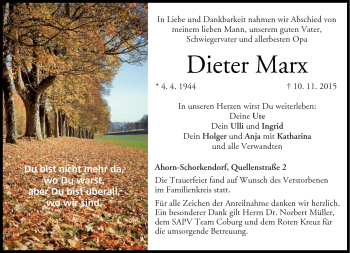 Traueranzeige von Dieter Marx von Neue Presse Coburg