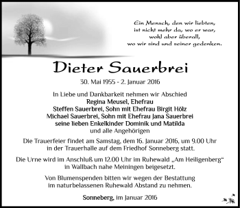 Traueranzeige von Dieter Sauerbrei von Südthüringer Presse