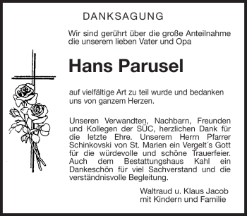 Traueranzeige von Hans Parusel von Neue Presse Coburg