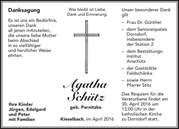 Traueranzeige von Agatha Schütz von Südthüringer Presse