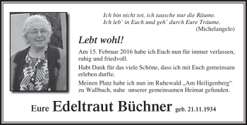 Traueranzeige von Edeltraut Büchner von Südthüringer Presse