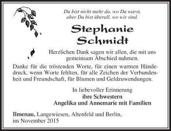 Traueranzeige von Stephanie Schmidt von Südthüringer Presse