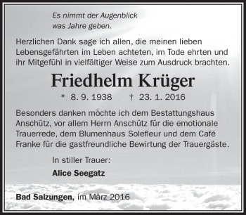 Traueranzeige von Friedhelm Krüger von Südthüringer Presse