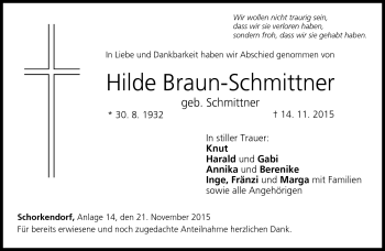 Traueranzeige von Hilde Braun-Schmittner von Neue Presse Coburg