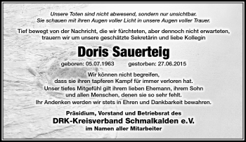 Traueranzeige von Doris Sauerteig von Südthüringer Presse