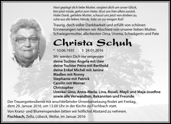 Traueranzeige von Christa Schuh von Südthüringer Presse
