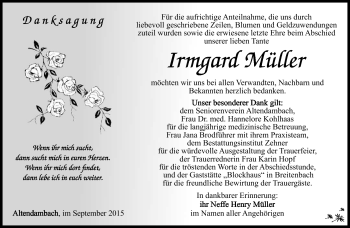 Traueranzeige von Irmgard Müller von Südthüringer Presse