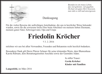 Traueranzeige von Friedolin Kröcher von Südthüringer Presse