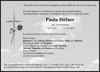 Traueranzeige von Paula Höfner von Neue Presse Coburg