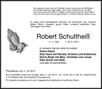 Traueranzeige von Robert Schultheiß von Neue Presse Coburg