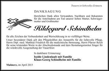 Traueranzeige von Hildegard Schindhelm von Südthüringer Presse