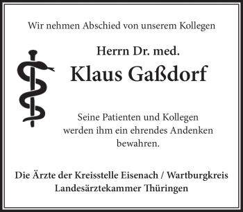 Traueranzeige von Klaus Gaßdorf von Südthüringer Presse