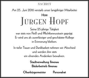 Traueranzeige von Jürgen Hopf von Südthüringer Presse