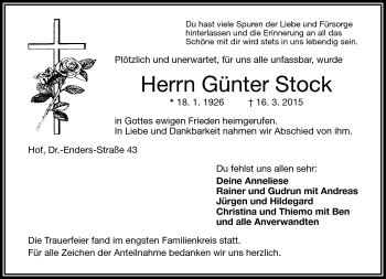 Traueranzeige von Günter Stock von Frankenpost