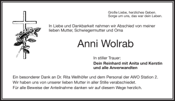 Traueranzeige von Anni Wolrab von Frankenpost
