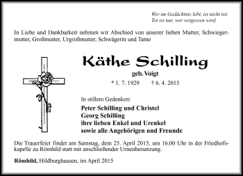 Traueranzeige von Käthe Schilling von Südthüringer Presse