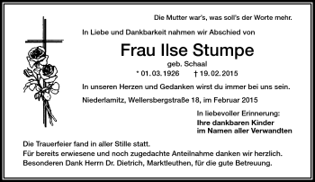 Traueranzeige von Ilse Stumpe von Frankenpost