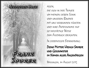 Traueranzeige von Sporer Frank von Südthüringer Presse