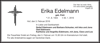 Traueranzeige von Erika Edelmann von Frankenpost
