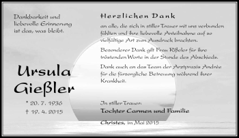 Traueranzeige von Ursula Gießler von Südthüringer Presse