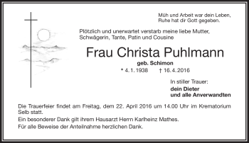 Traueranzeige von Christa Puhlmann von Frankenpost