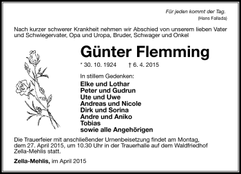 Traueranzeige von Günter Flemming von Südthüringer Presse