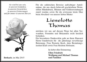 Traueranzeige von Lieselotte Thomas von Südthüringer Presse