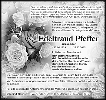 Traueranzeige von Edeltraud Pfeffer von Südthüringer Presse