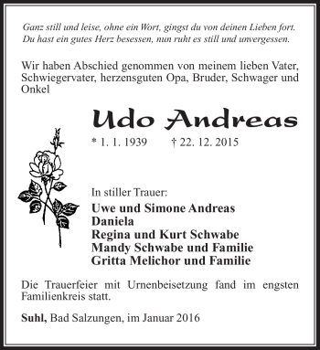 Traueranzeige von Udo Andreas von Südthüringer Presse