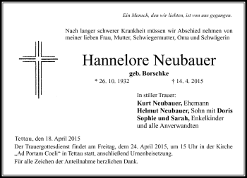 Traueranzeige von Hannelore Neubauer von Neue Presse Coburg