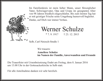Traueranzeige von Werner Schulze von Frankenpost