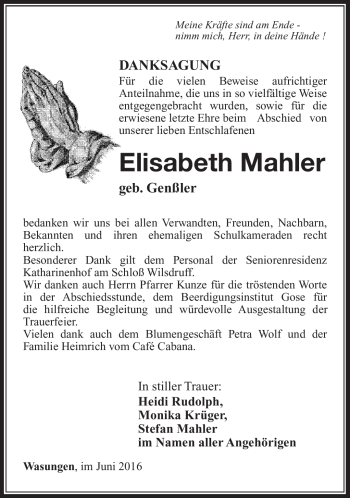 Traueranzeige von Elisabeth Mahler von Südthüringer Presse