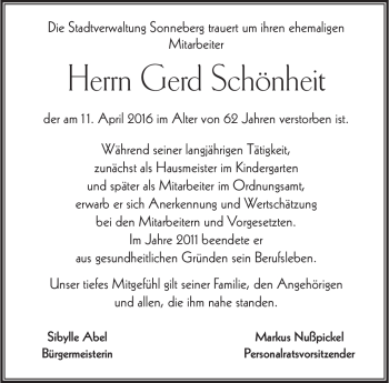 Traueranzeige von Gerd Schönheit von Südthüringer Presse