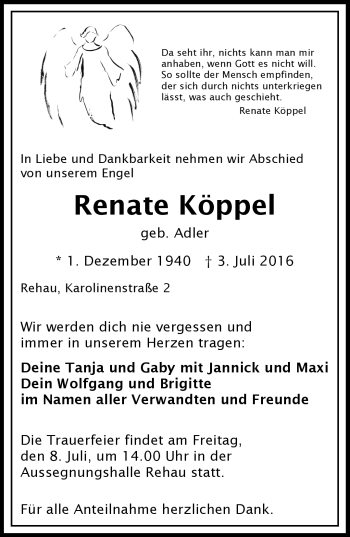 Traueranzeige von Renate Köppel von Frankenpost