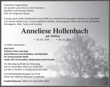 Traueranzeige von Anneliese Hollenbach von Südthüringer Presse