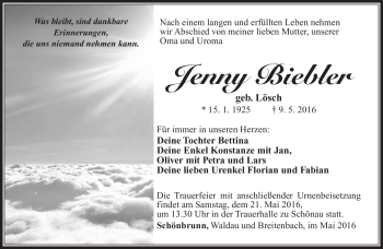 Traueranzeige von Jenny Biebler von Südthüringer Presse