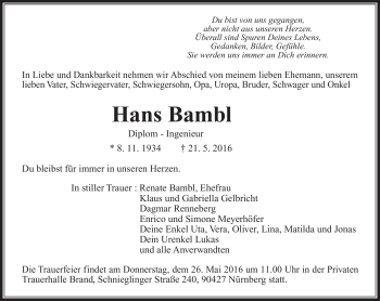 Traueranzeige von Hans Bambl von Südthüringer Presse