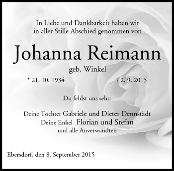 Traueranzeige von Johanna Reimann von Neue Presse Coburg