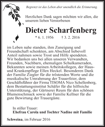 Traueranzeige von Dieter Scharfenberg von Südthüringer Presse