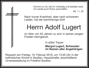 Traueranzeige von Adolf Lugert von Frankenpost