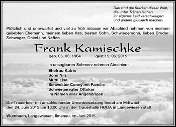 Traueranzeige von Frank Kamischke von Südthüringer Presse