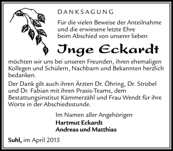 Traueranzeige von Inge Eckardt von Südthüringer Presse
