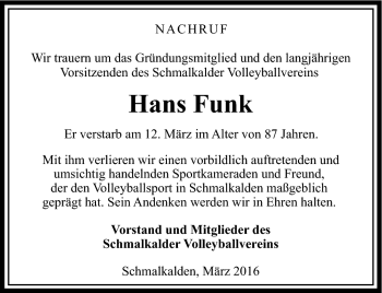 Traueranzeige von Hans Funk von Südthüringer Presse