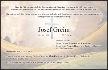 Traueranzeige von Josef Greim von Neue Presse Coburg