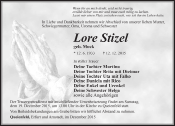 Traueranzeige von Lore Stizel von Südthüringer Presse