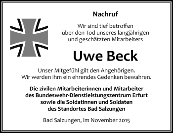 Traueranzeige von Uwe Beck von Südthüringer Presse